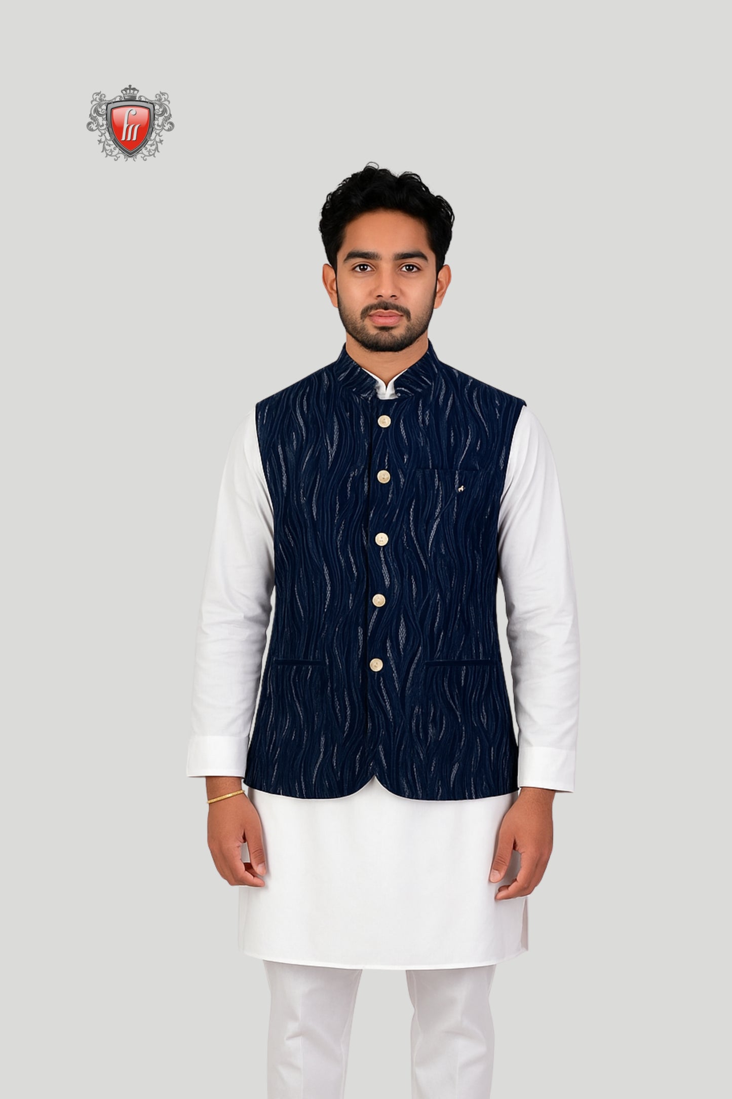 Navy Blue Textured Waistcoat with Wave Pattern – Bold Modern Ethnic Look