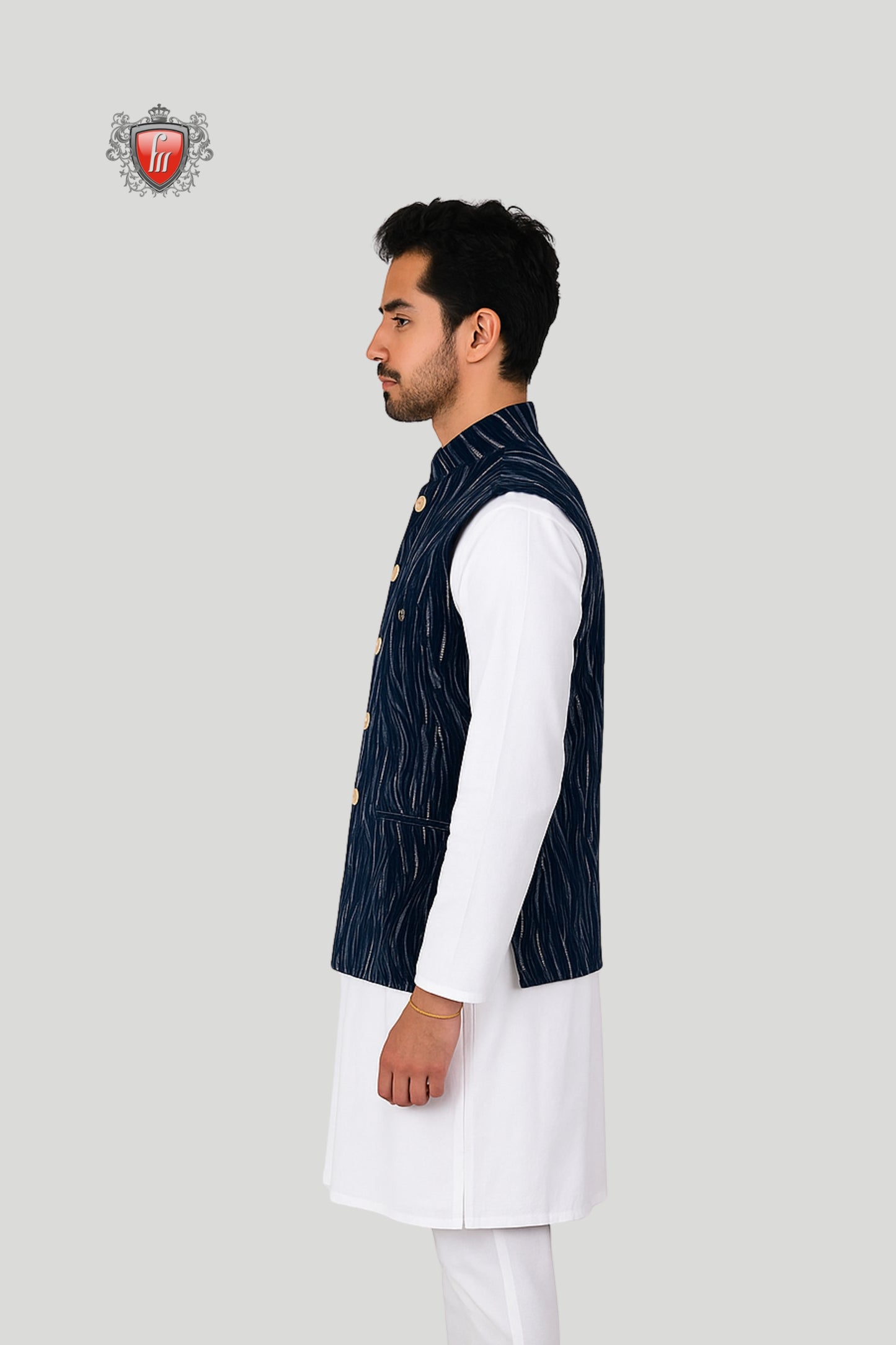 Navy Blue Textured Waistcoat with Wave Pattern – Bold Modern Ethnic Look