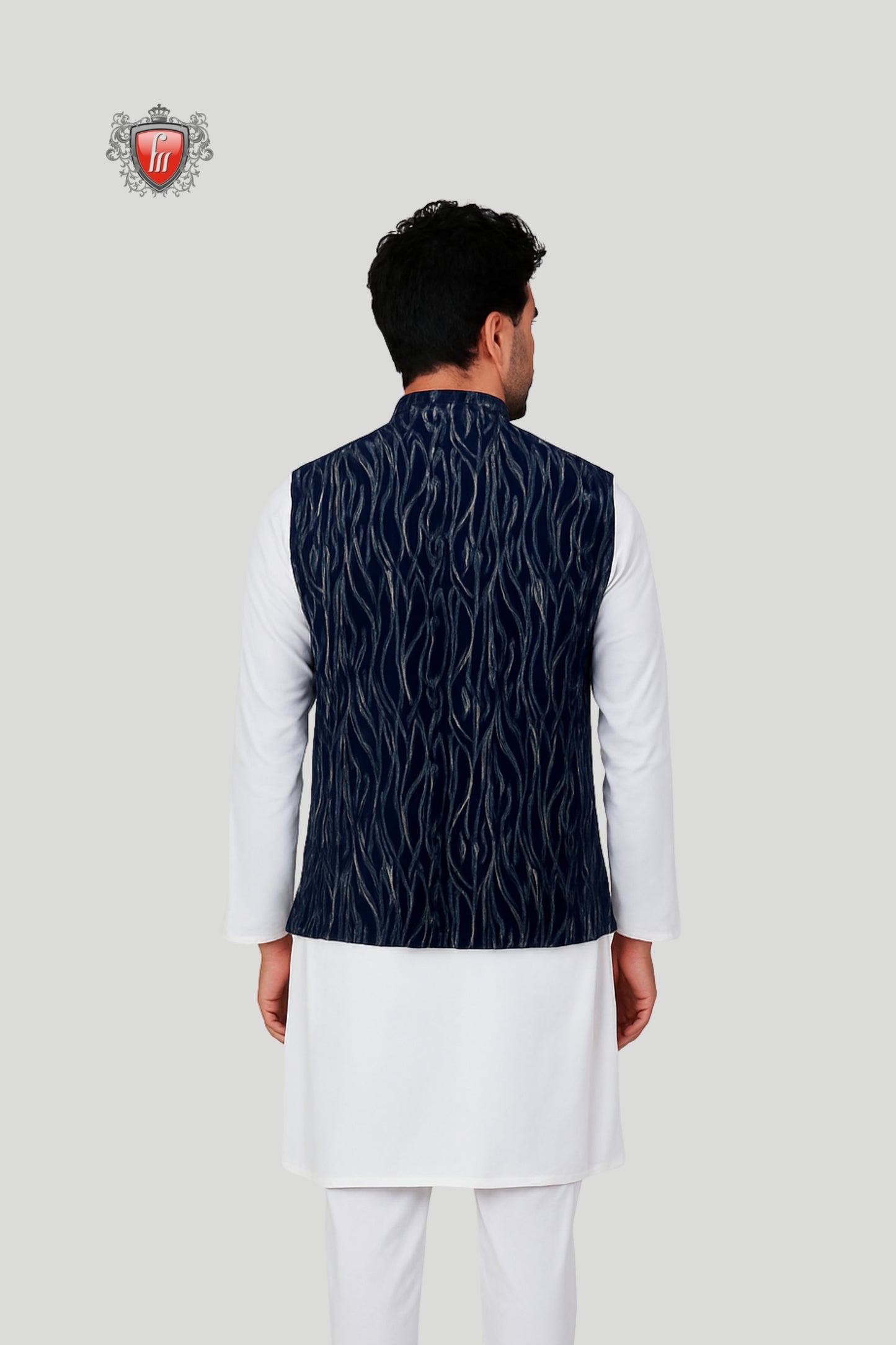 Navy Blue Textured Waistcoat with Wave Pattern – Bold Modern Ethnic Look
