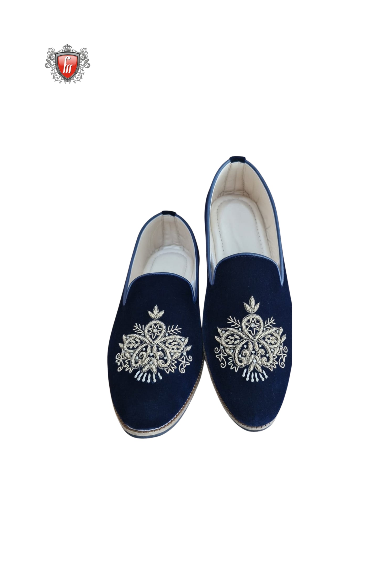 Men’s Navy Blue Velvet Jutti with Golden Floral Embroidery