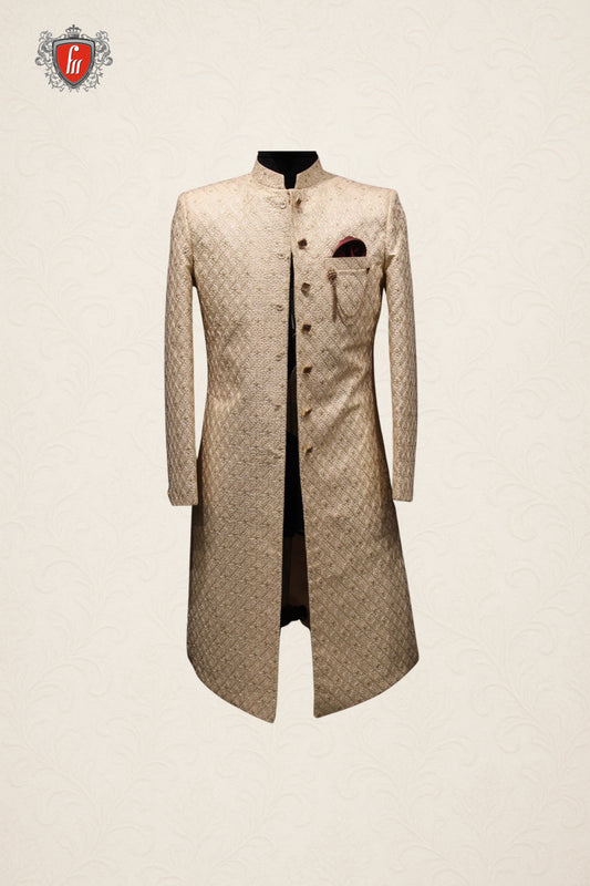 Beige Paisley & Floral Embroidered Sherwani