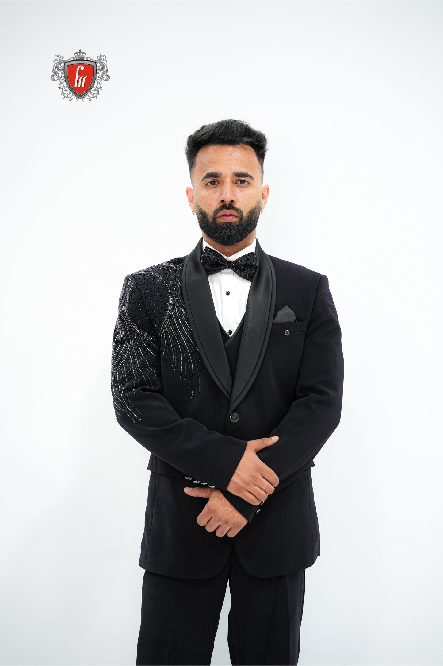 Men’s Black Tuxedo 3-Piece with Bold Bead-Worked Shoulder – Luxury Formalwear
