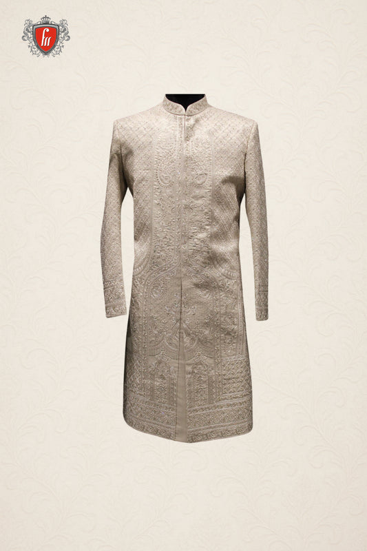Ivory Geometric & Floral Panel Sherwani