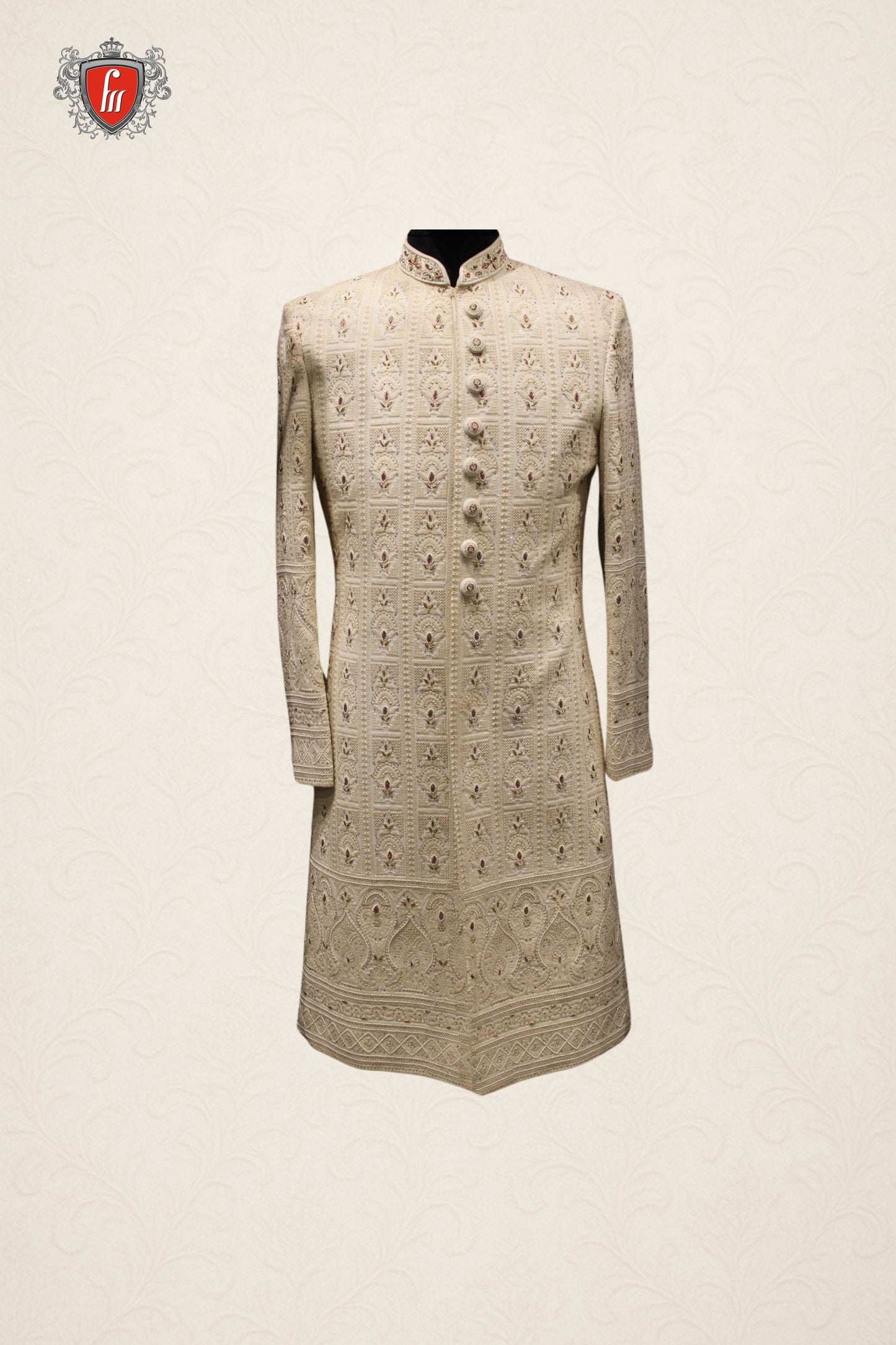 Cream Sherwani with Mughal-Inspired Embroidery