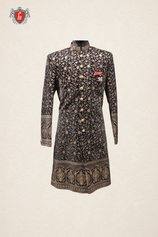 Royal Black Velvet Embroidered Designer Men's Sherwani with Antique Gold Detailing