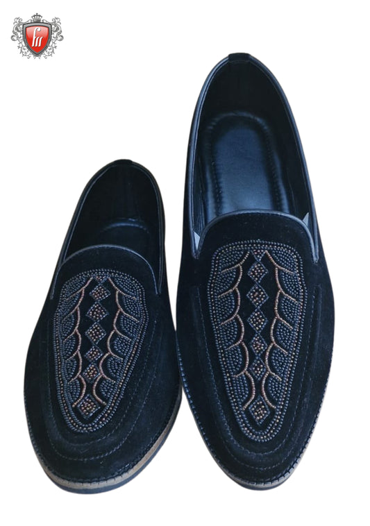 Men's Blue Velvet Jutti - Golden Resham Embroidery, Festive Wear