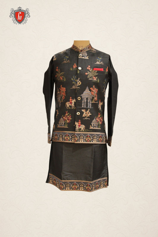 Heritage Black Kurta Set with Royal Printed Jacket