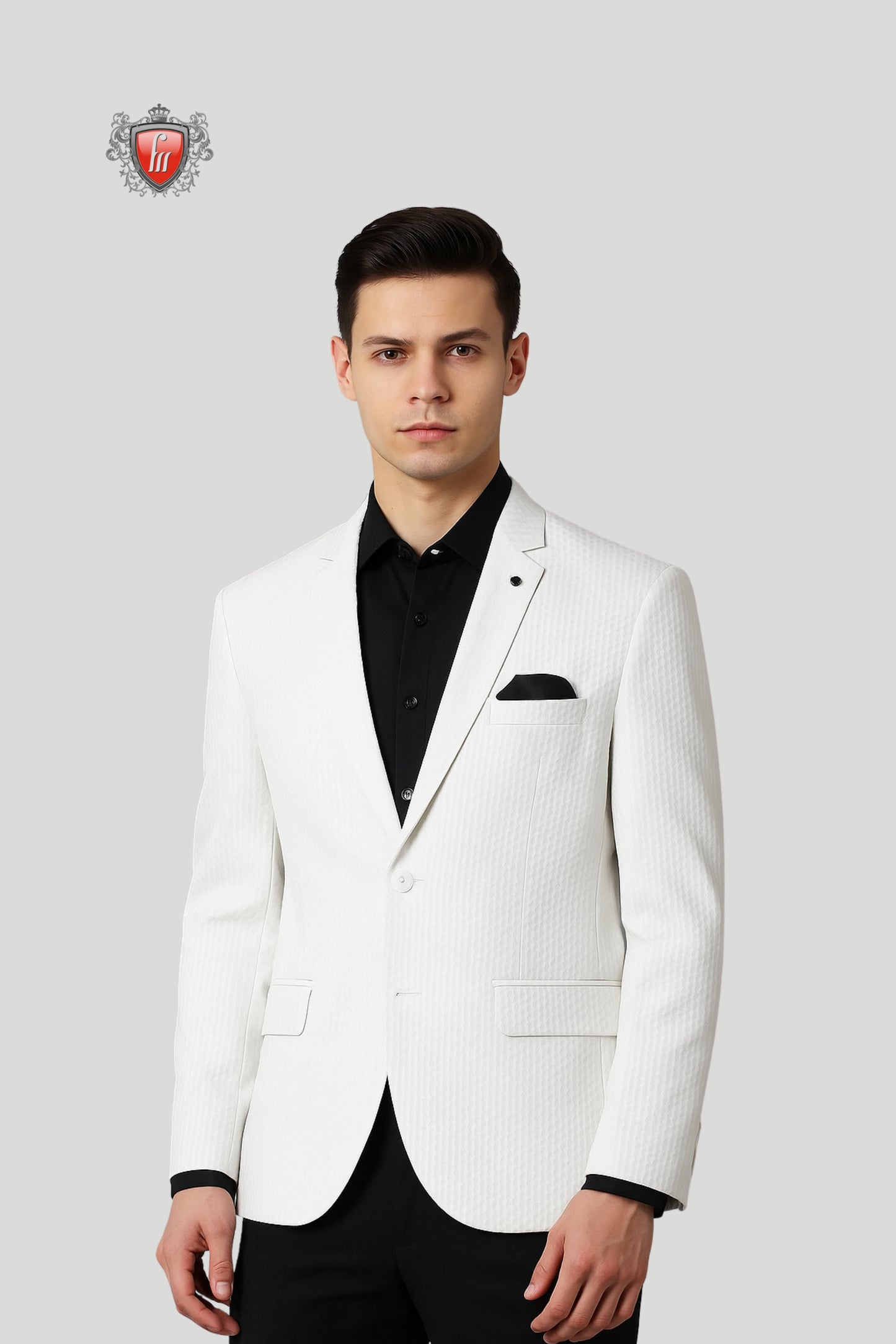 Men’s White Textured Blazer – Sharp Formalwear with Black Accents
