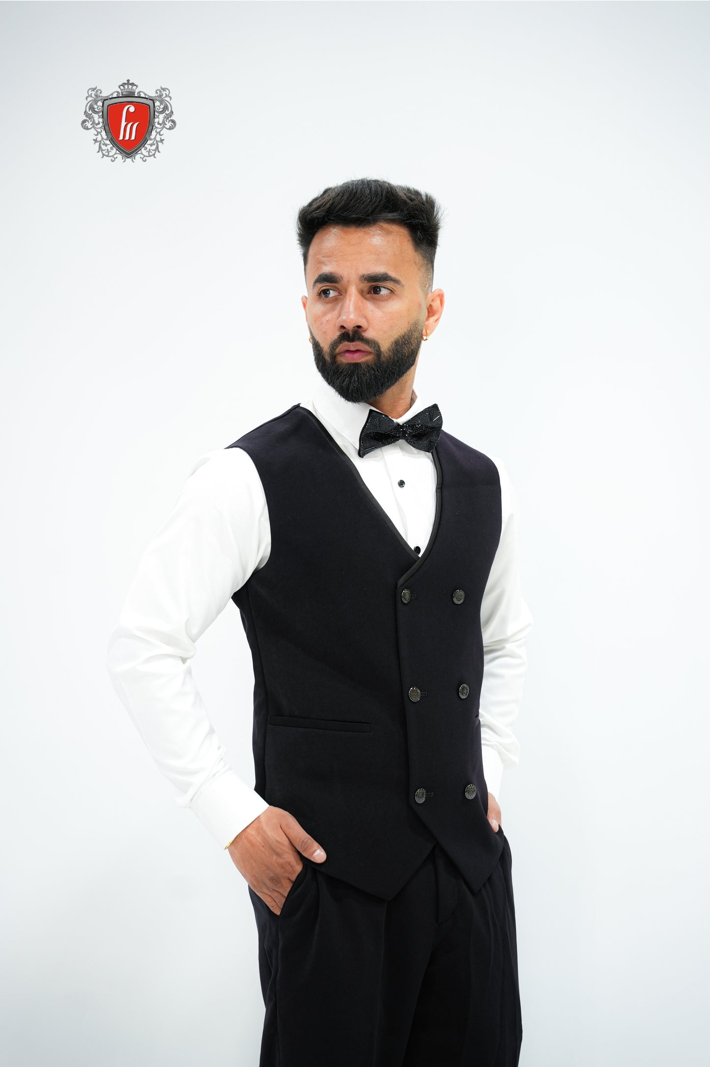 Men’s Black Tuxedo 3-Piece with Bold Bead-Worked Shoulder – Luxury Formalwear