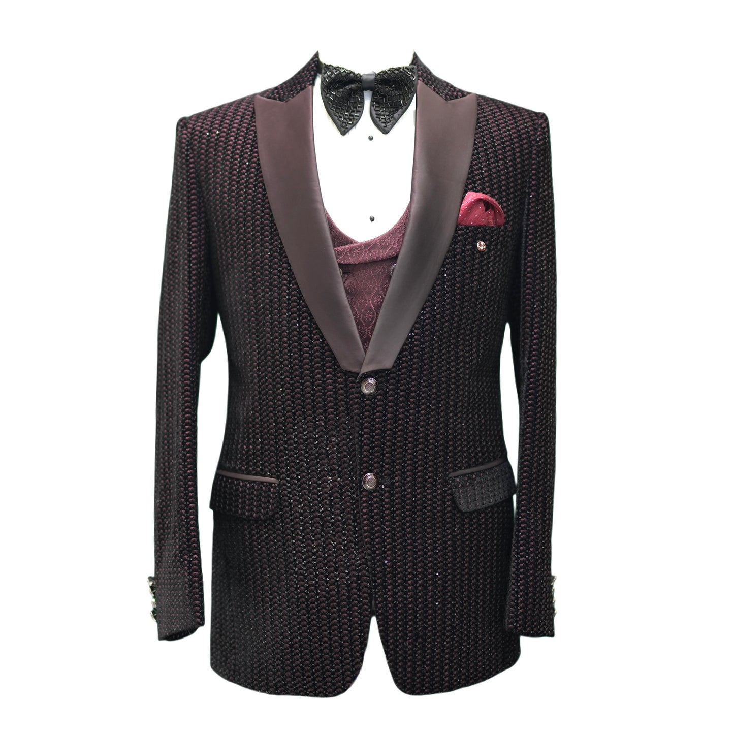 Men’s Maroon Textured Suit with Satin Lapels – Elegant Formal Jacket