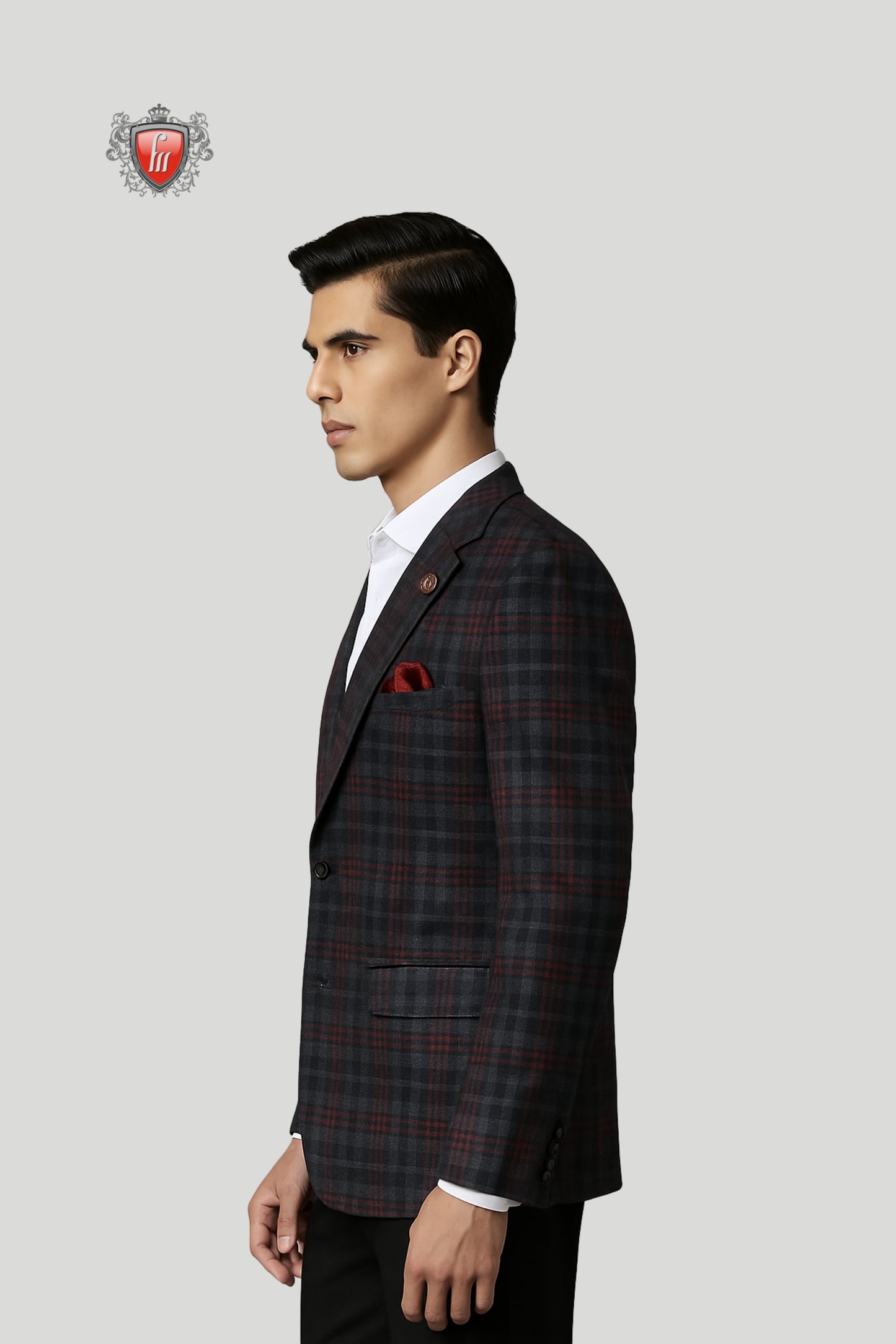 Men’s Dark Maroon & Black Checked Blazer – Refined Tailoring for Formal Charm