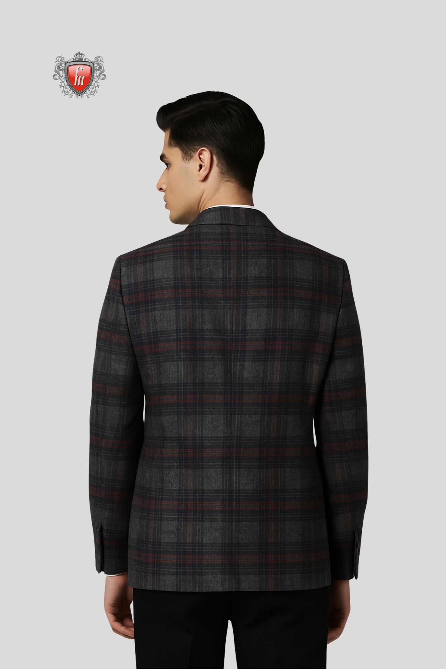 Men’s Dark Maroon & Black Checked Blazer – Refined Tailoring for Formal Charm