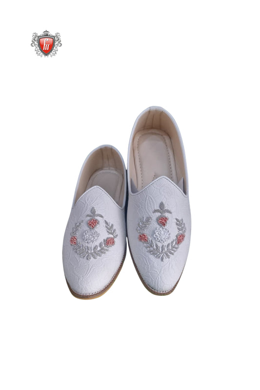 White Textured Jutti with Floral Pink & Silver Embroidery