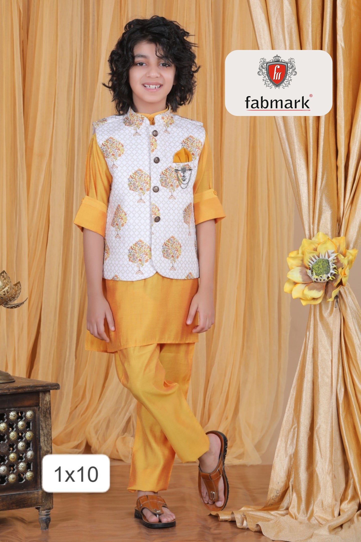 White Tree Print Nehru Jacket with Mustard Kurta Pajama Boys Ethnic Set