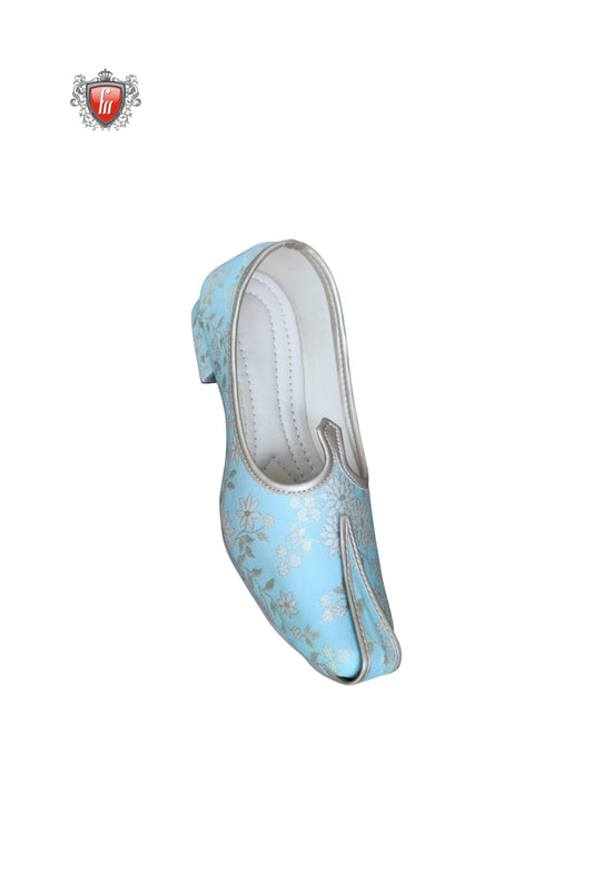 Sky Blue Floral Brocade Mojari with Silver Detailing