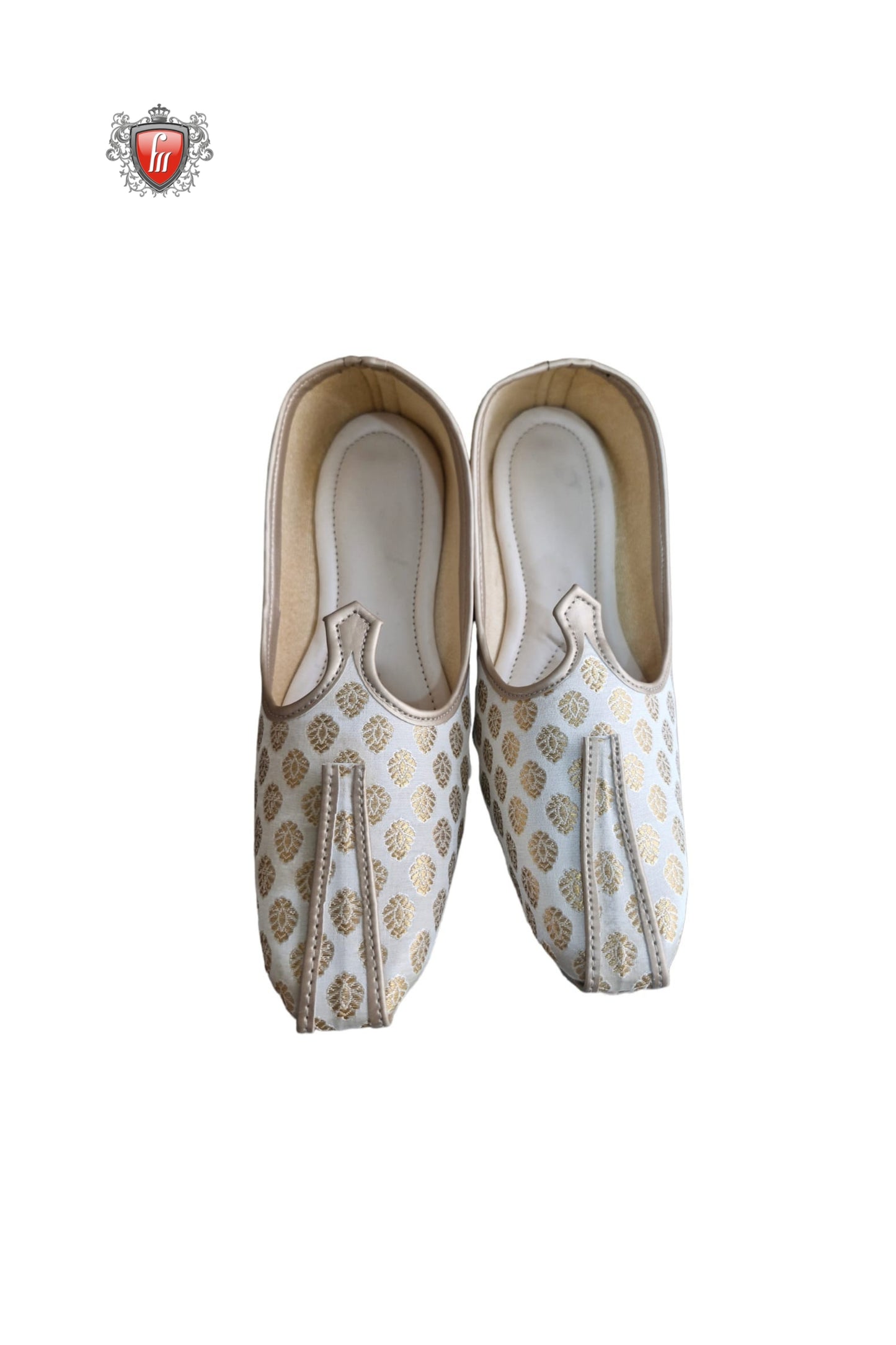White & Gold Brocade Mojari with Traditional Motifs