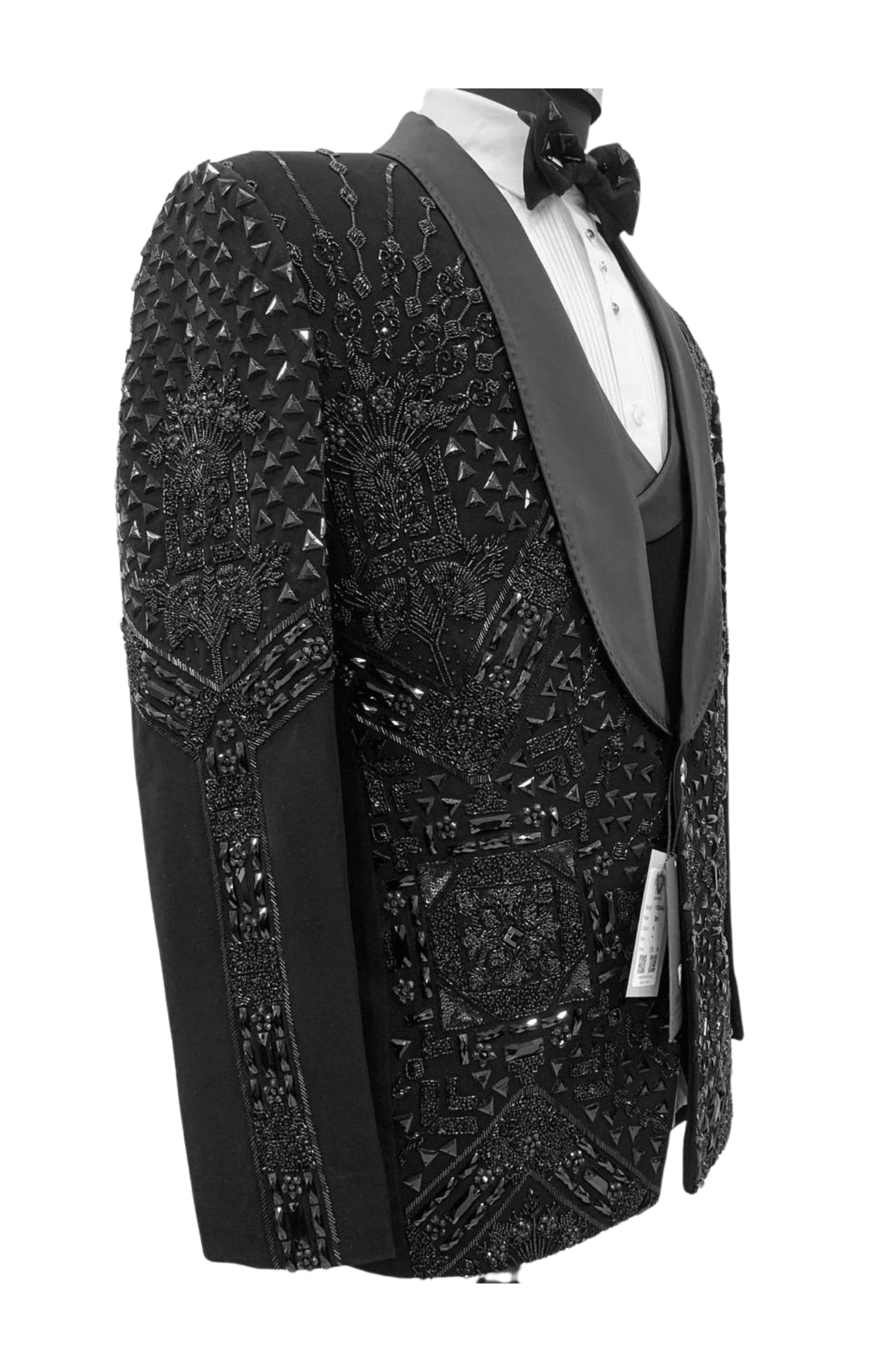Men’s Black Geometric Crystal-Embroidered Tuxedo with Satin Shawl Lapel – Luxe Formal Wear