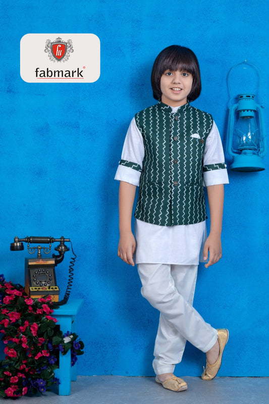 Green Zigzag Nehru Jacket with White Kurta Pajama Boys Traditional Set