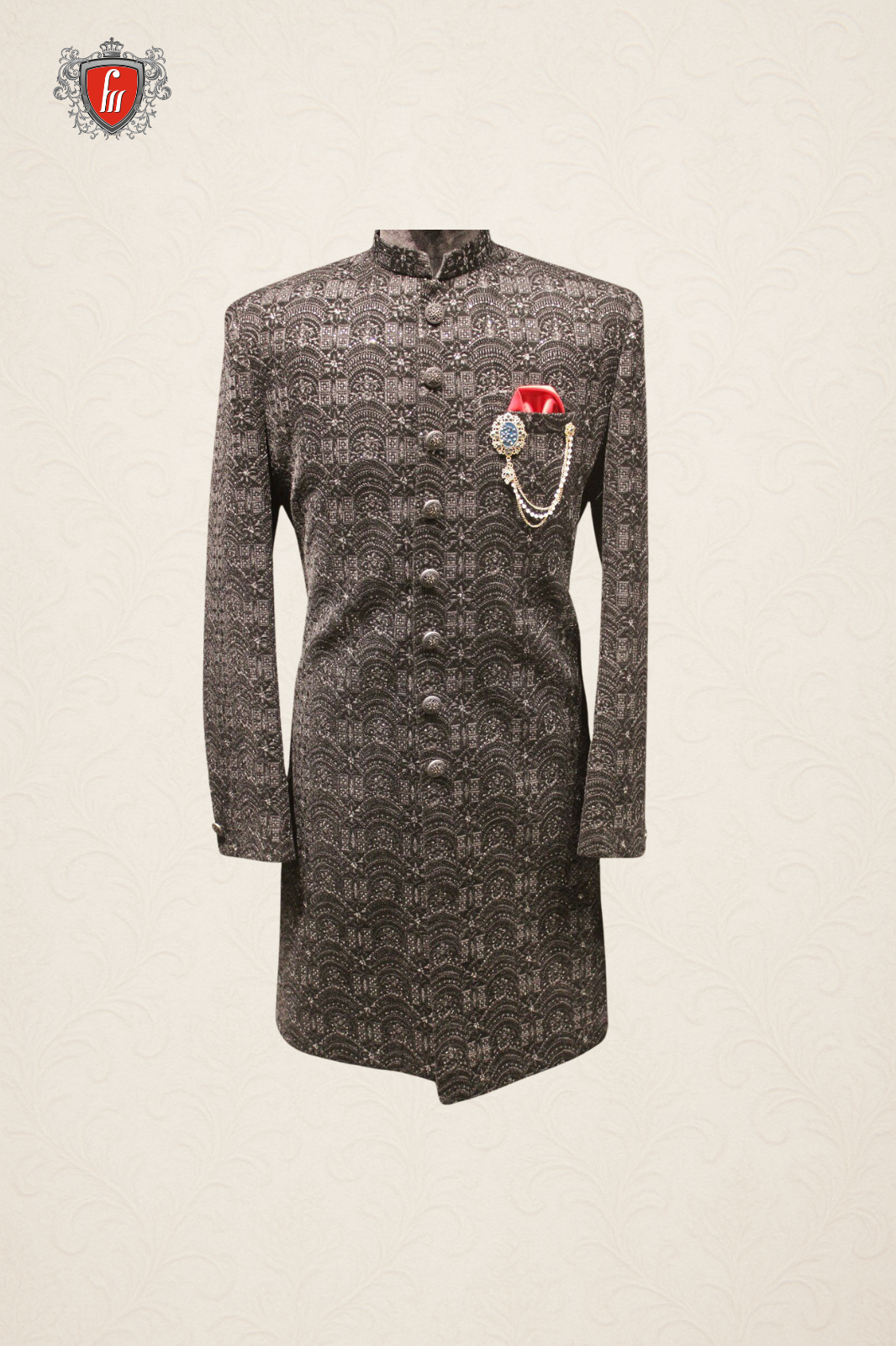 Classic Black Sherwani with Embossed Self-Design and Red Pocket Square Detailing