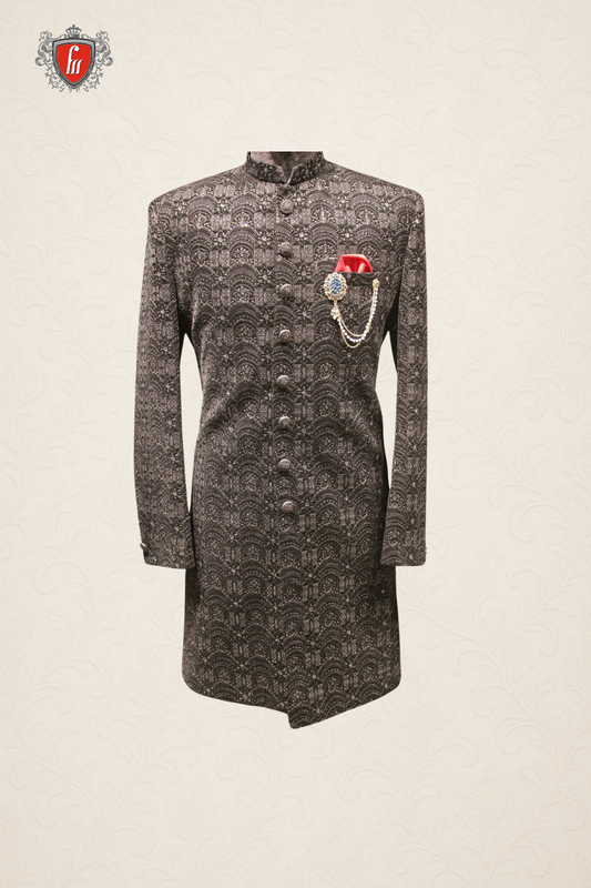 Classic Black Sherwani with Embossed Self-Design and Red Pocket Square Detailing