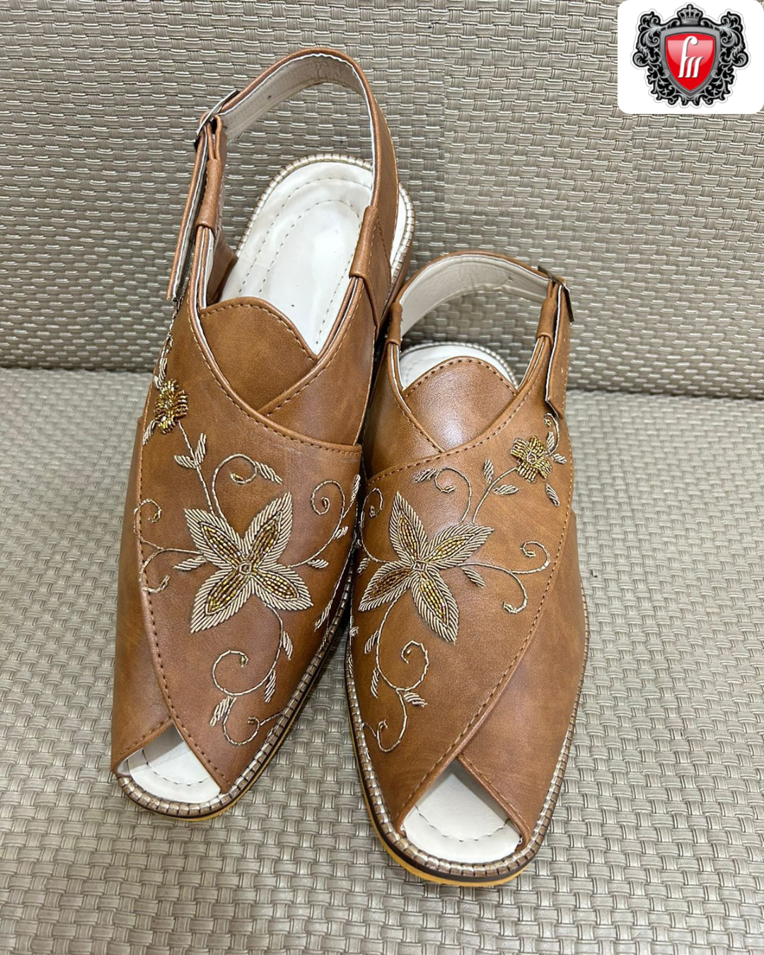 Men’s Tan Suede Peshawari Heel Shoes with Hand-Embroidery – Premium