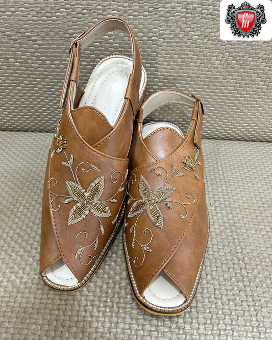 Men’s Tan Suede Peshawari Heel Shoes with Hand-Embroidery – Premium