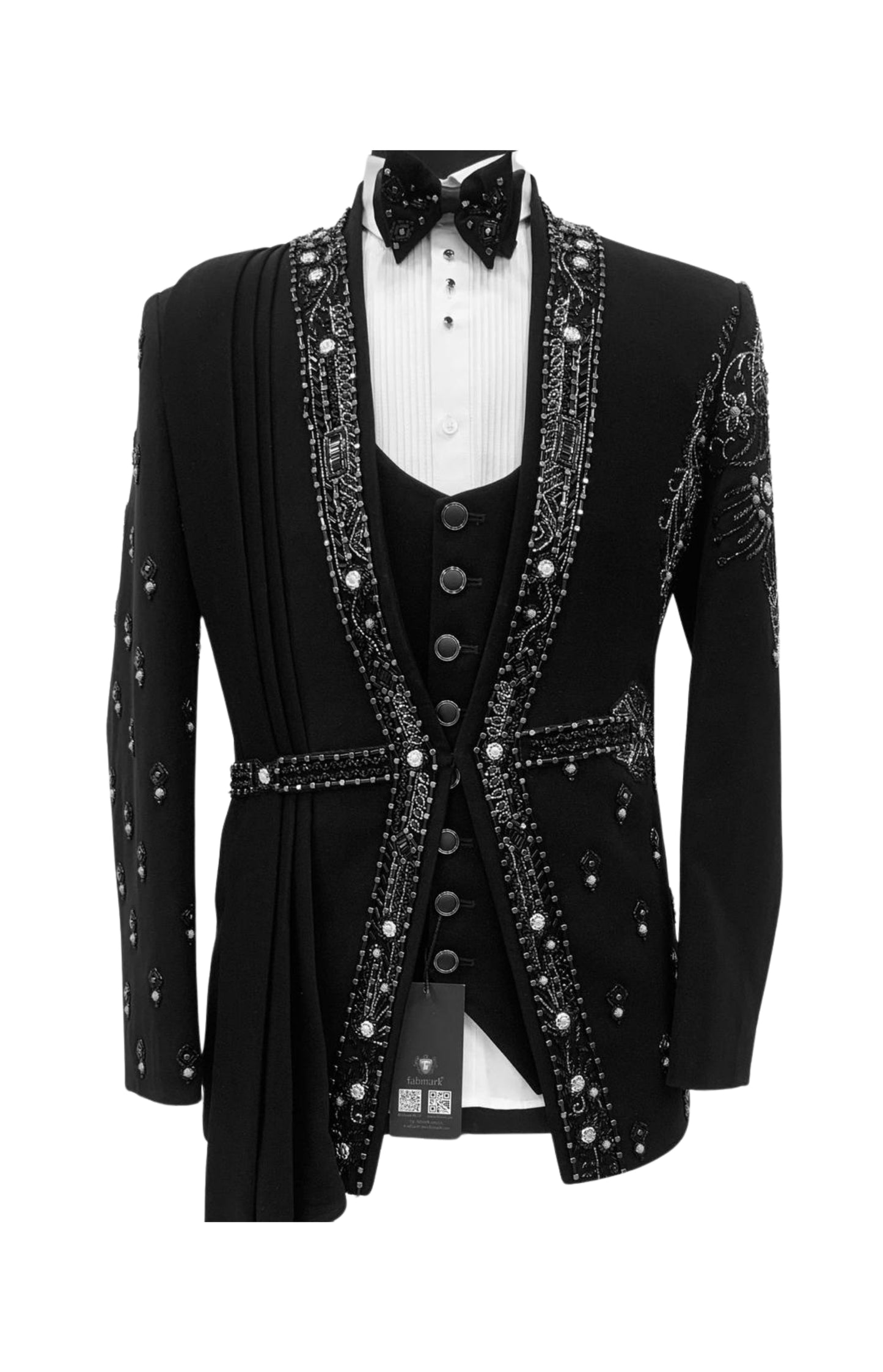 Men’s Black Royal Beaded Sherwani Tuxedo with Crystal Draped Shoulder – Luxe Wedding & Reception Attire