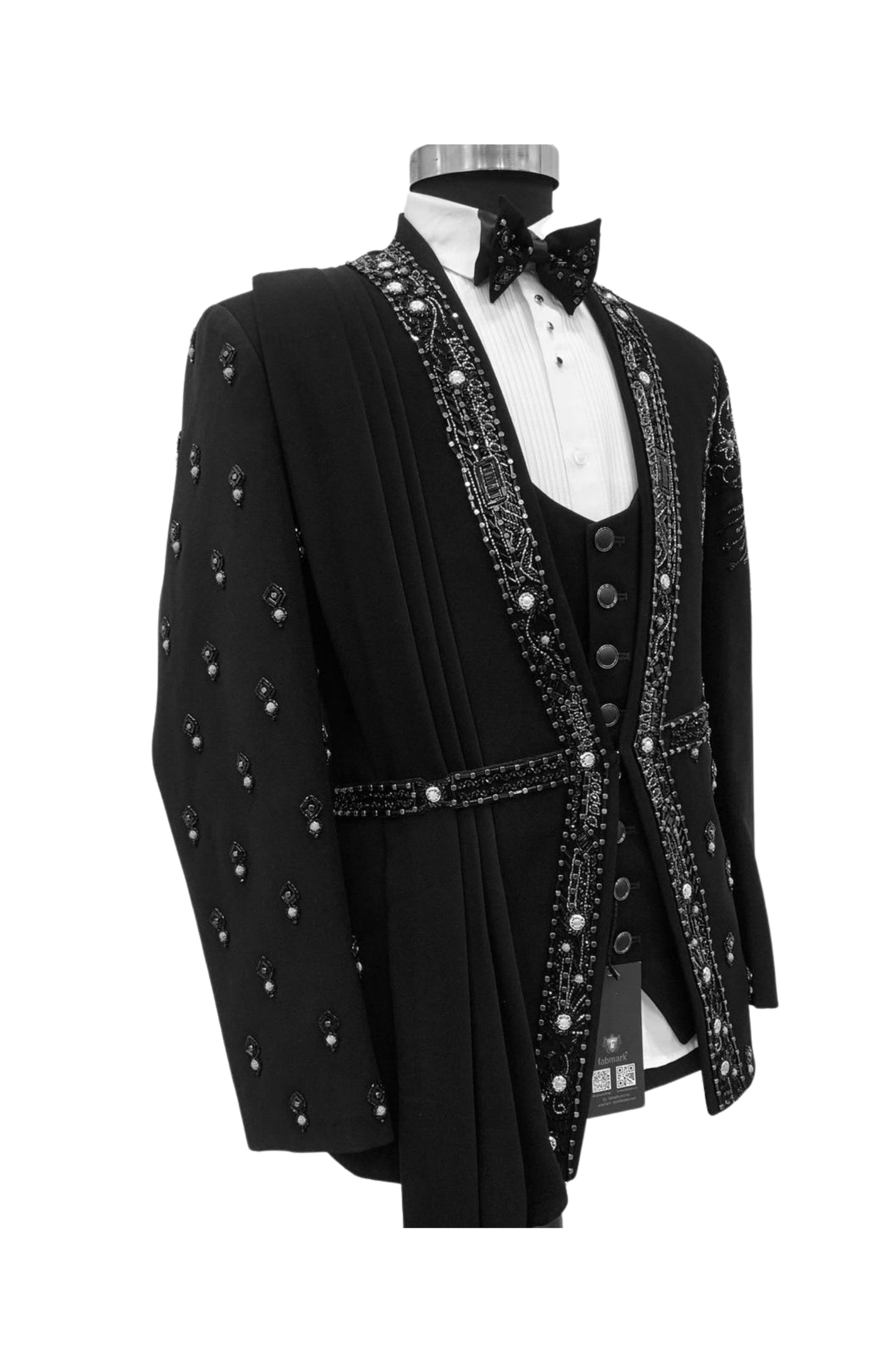 Men’s Black Royal Beaded Sherwani Tuxedo with Crystal Draped Shoulder – Luxe Wedding & Reception Attire