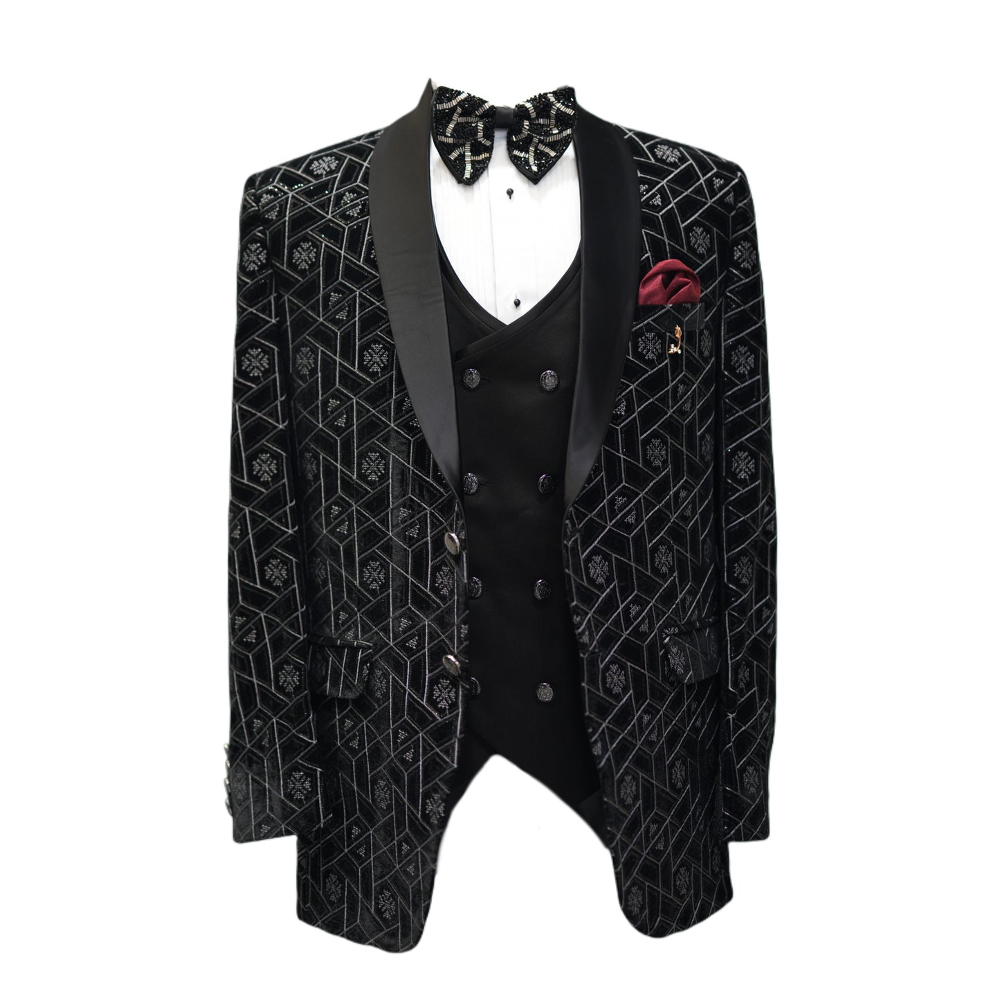 Men’s Black Velvet Suit with Geometric Design – Luxury Formal Attire
