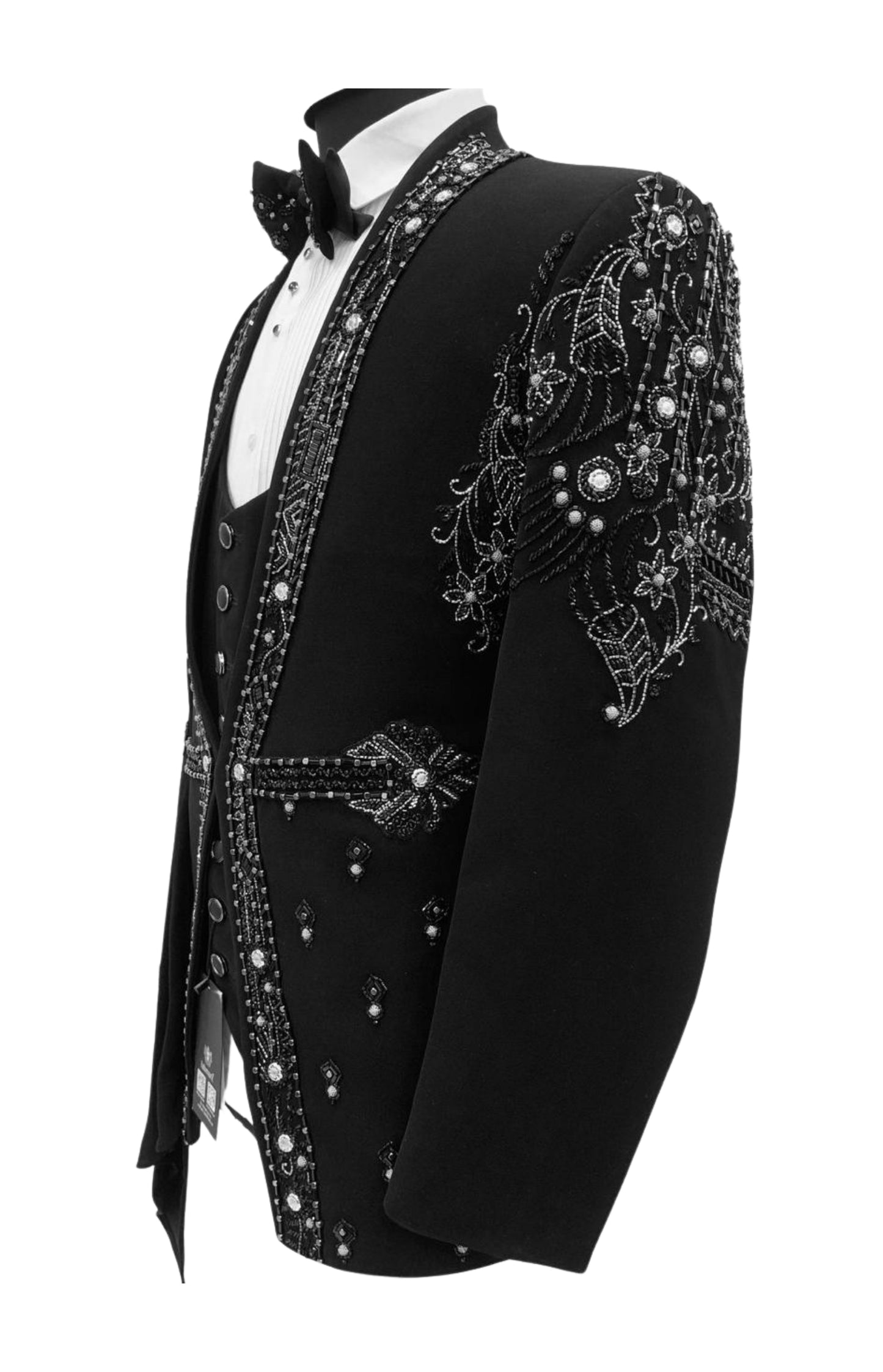 Men’s Black Royal Beaded Sherwani Tuxedo with Crystal Draped Shoulder – Luxe Wedding & Reception Attire