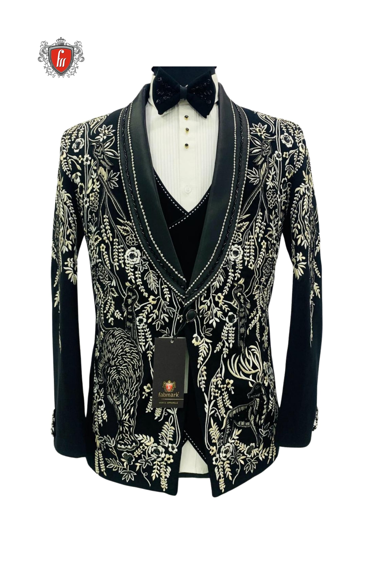 Men’s Black Wildlife Embroidered Tuxedo with Satin Lapel – Luxury Formal Wear with Animal & Flora Motif