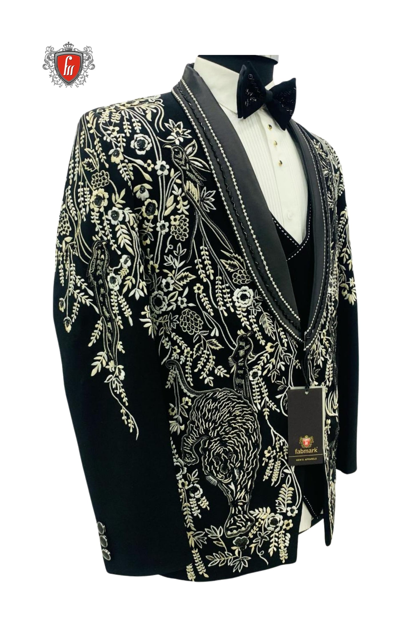 Men’s Black Wildlife Embroidered Tuxedo with Satin Lapel – Luxury Formal Wear with Animal & Flora Motif
