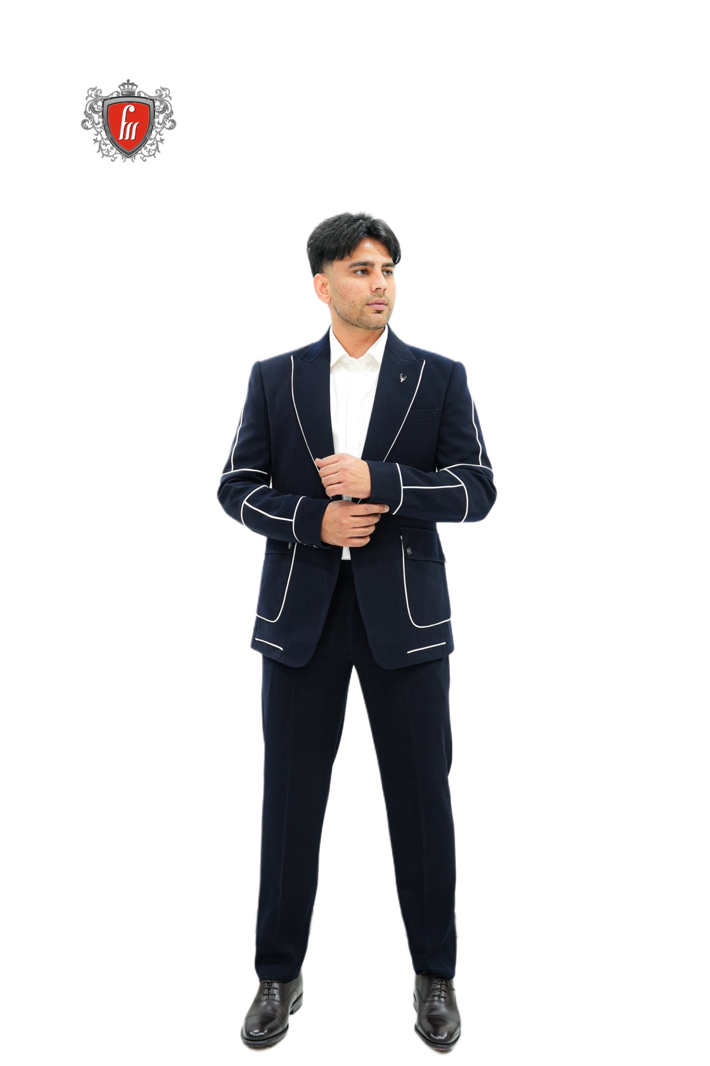 Premium Men's Navy Blue Party Suit—Sleek White Piping for a Distinctive Finish