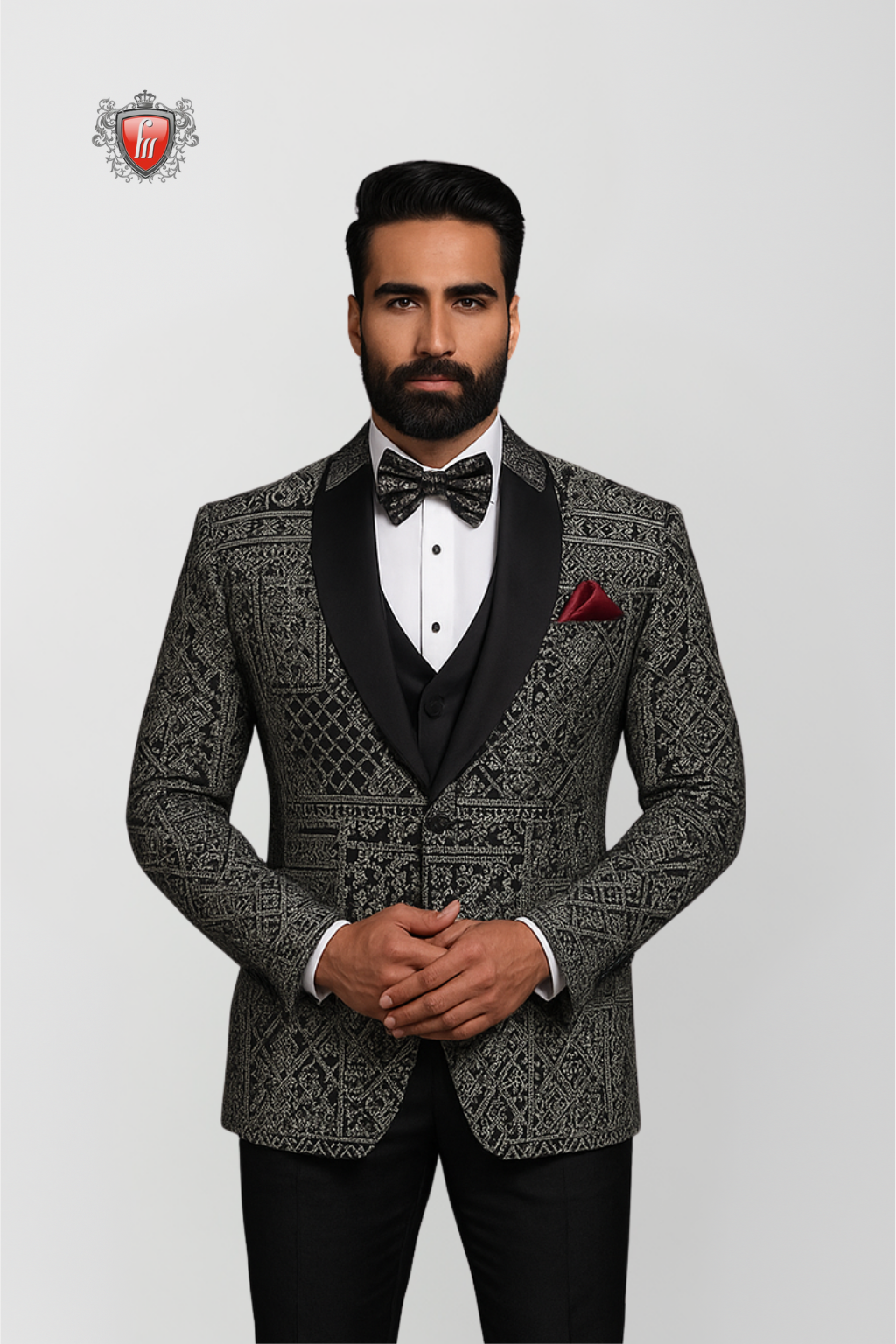 Men’s Black & Silver Embroidered Suit – Intricate Detail, Luxury Formal Jacket