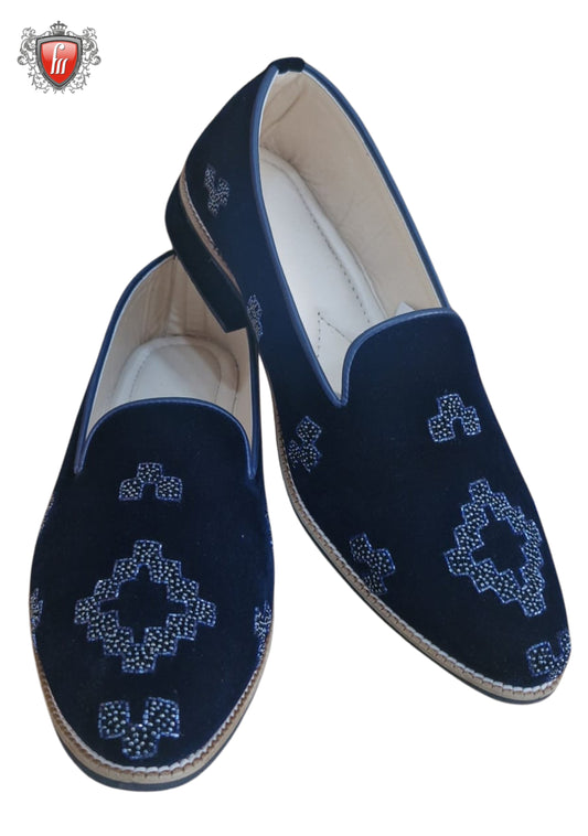 Men’s Blue Velvet Jutti – Resham & Kardana Heel Embroidery, Festive Wear