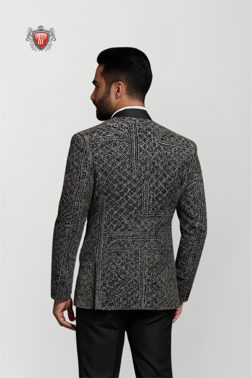 Men’s Black & Silver Embroidered Suit – Intricate Detail, Luxury Formal Jacket