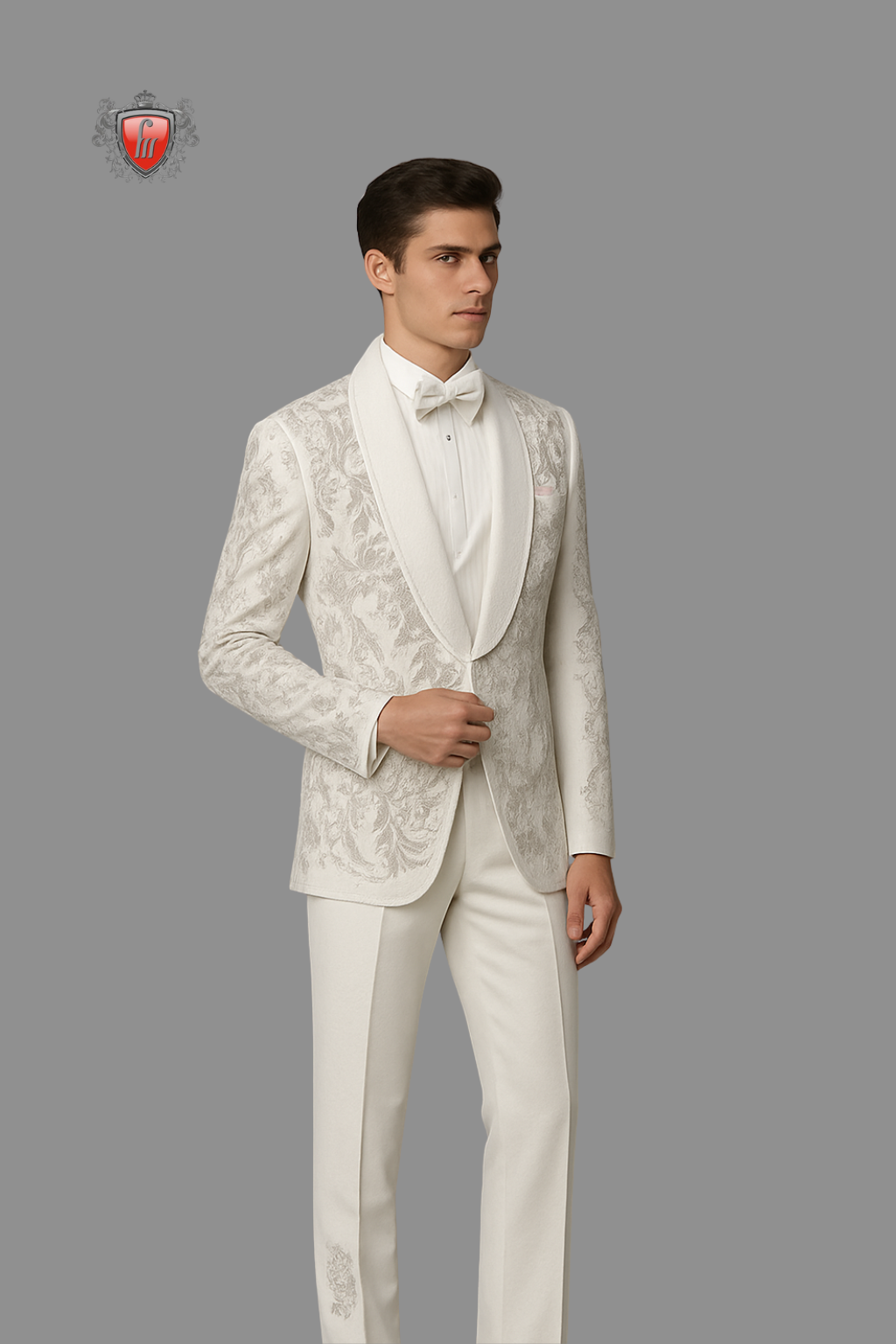 Men’s White Embroidered Tuxedo with Silver Detailing & Satin Lapel – Royal Luxury Wedding Suit