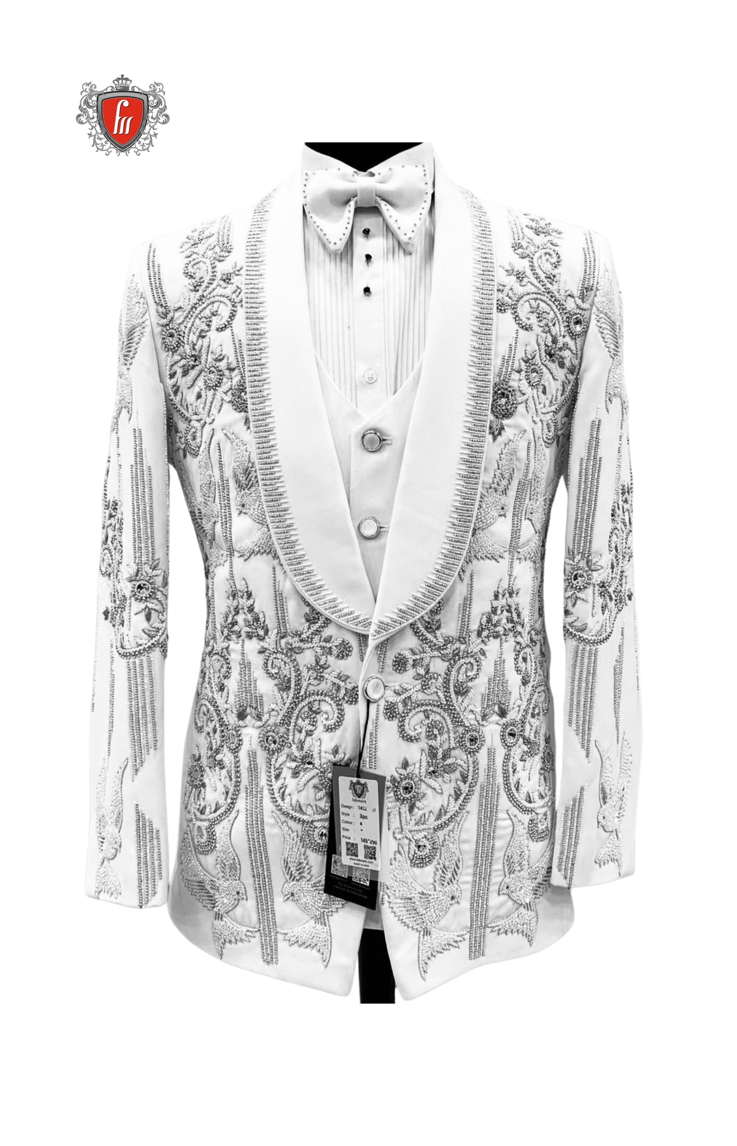 Men’s White Embroidered Tuxedo with Silver Detailing & Satin Lapel – Royal Luxury Wedding Suit