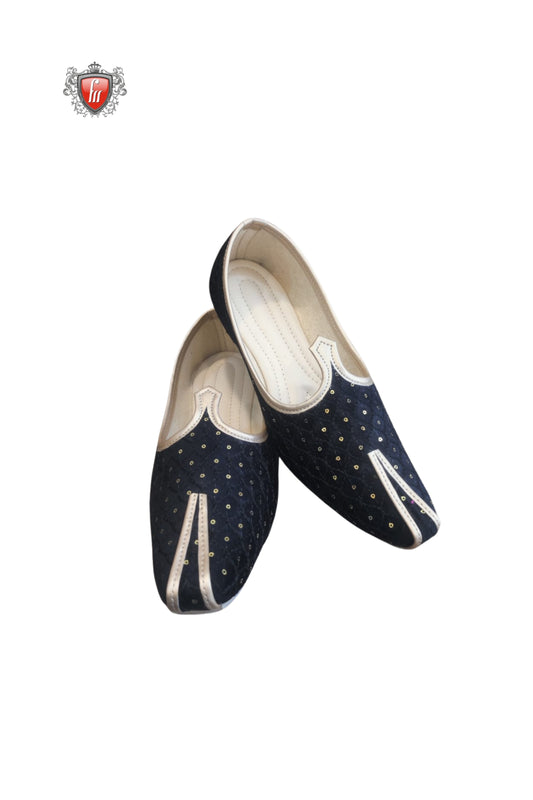 Fabmark Navy Blue Embroidered Jutti – Timeless Elegance with Golden Detailing