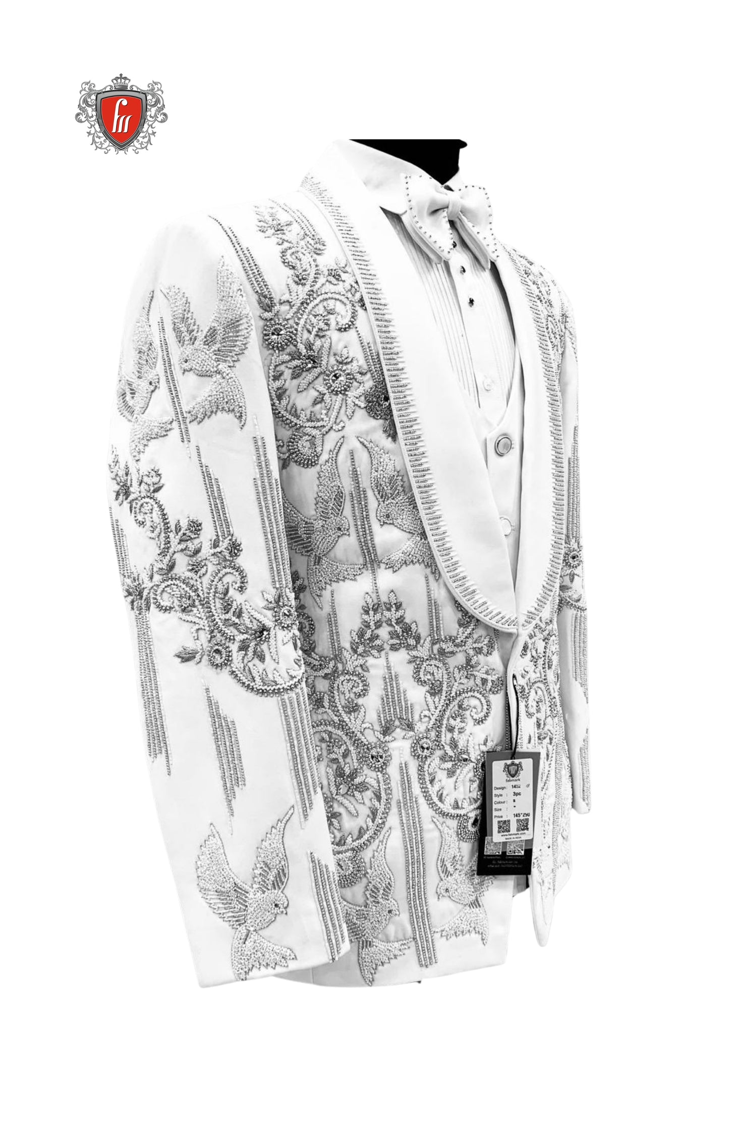 Men’s White Embroidered Tuxedo with Silver Detailing & Satin Lapel – Royal Luxury Wedding Suit