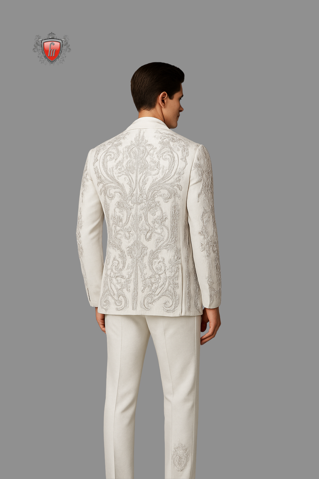 Men’s White Embroidered Tuxedo with Silver Detailing & Satin Lapel – Royal Luxury Wedding Suit