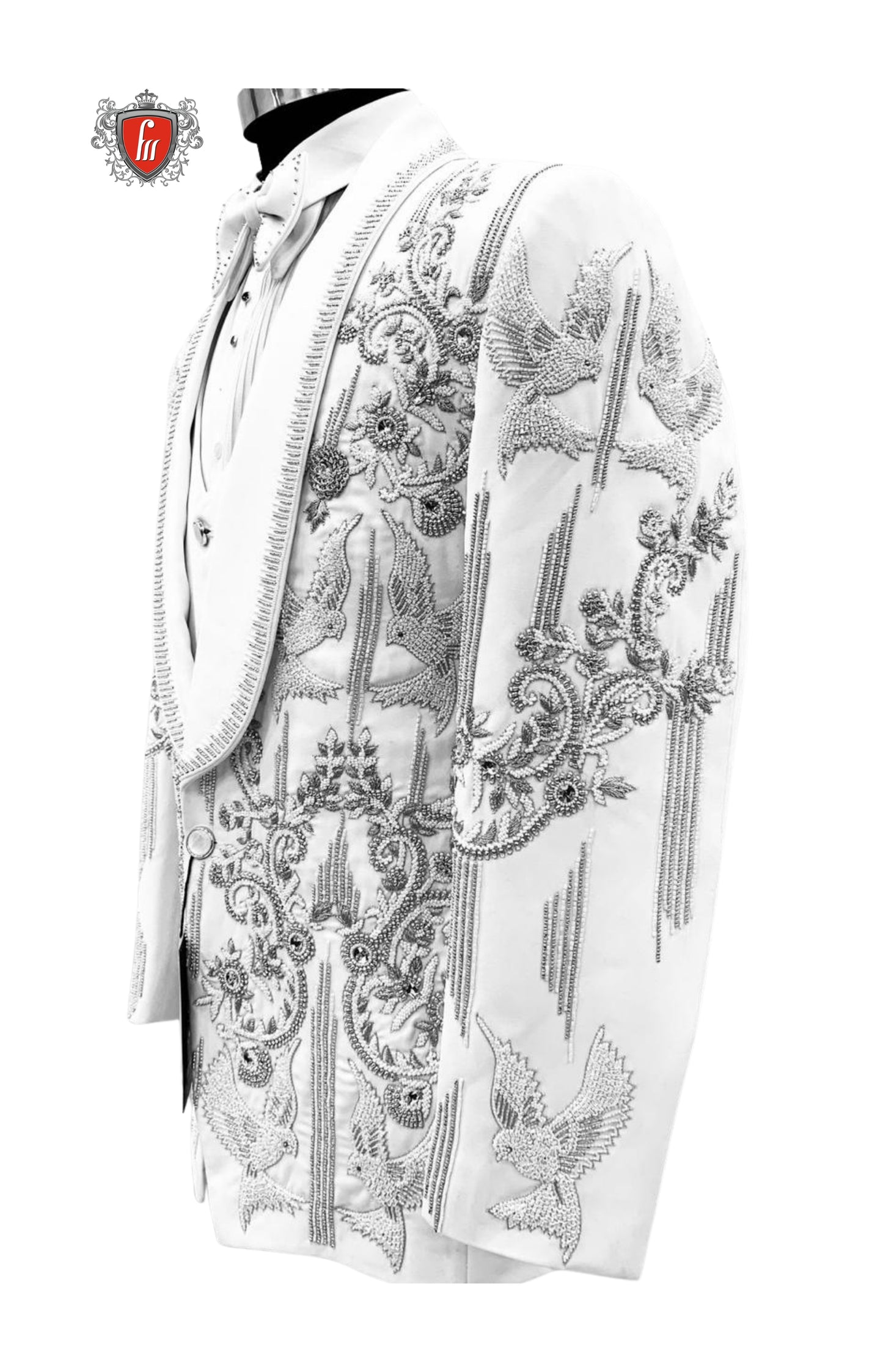 Men’s White Embroidered Tuxedo with Silver Detailing & Satin Lapel – Royal Luxury Wedding Suit