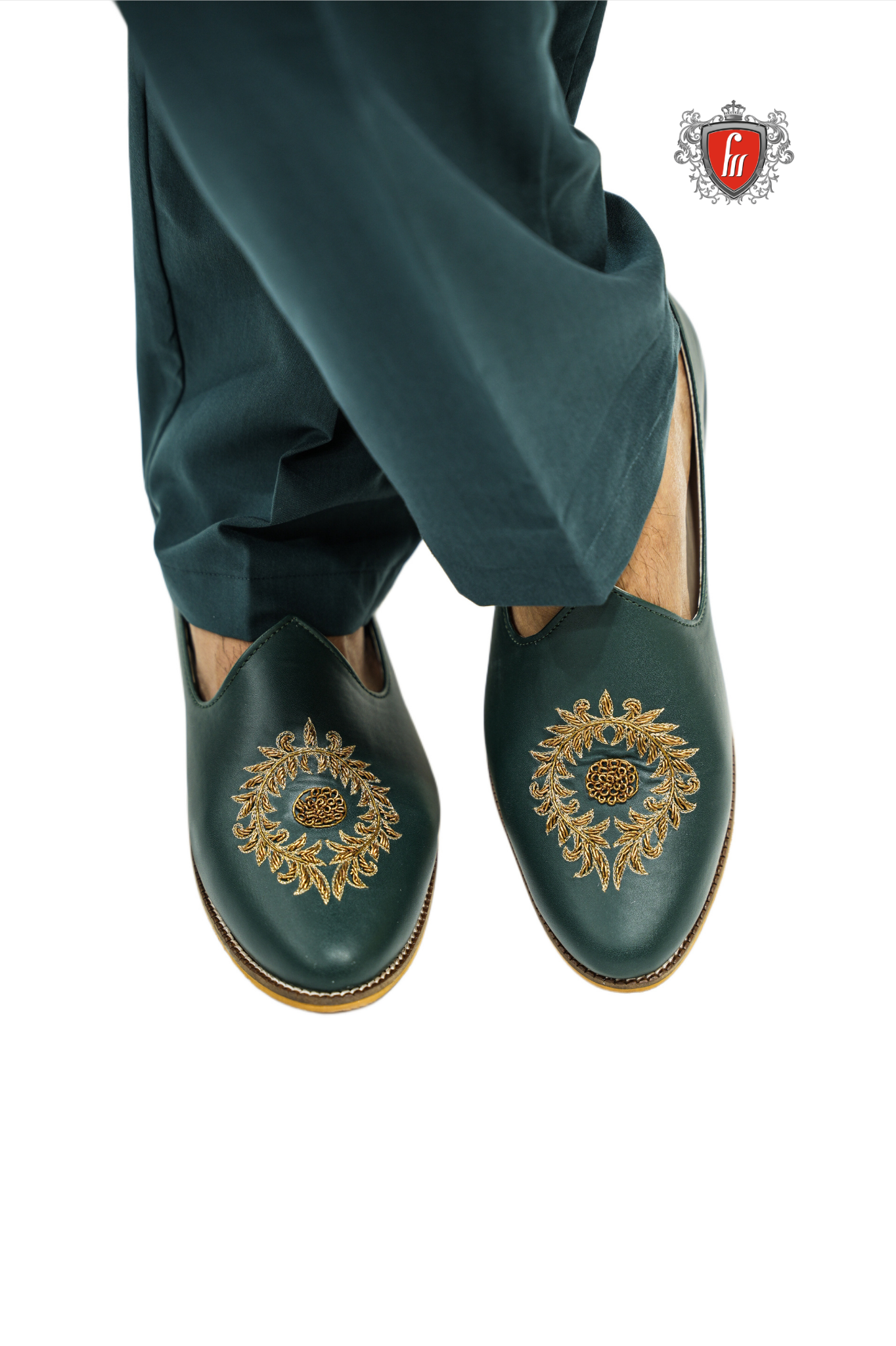 Men’s Bottle Green Ethnic Jutti – Golden Floral Embroidery