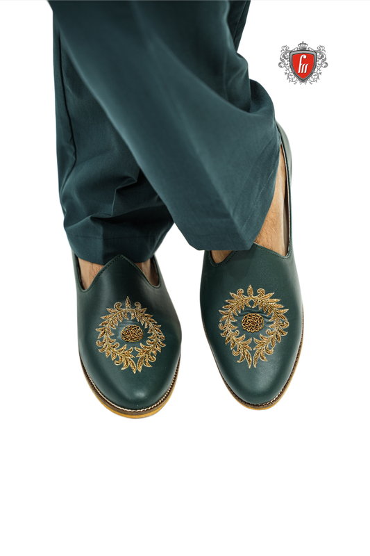 Men’s Bottle Green Ethnic Jutti – Golden Floral Embroidery