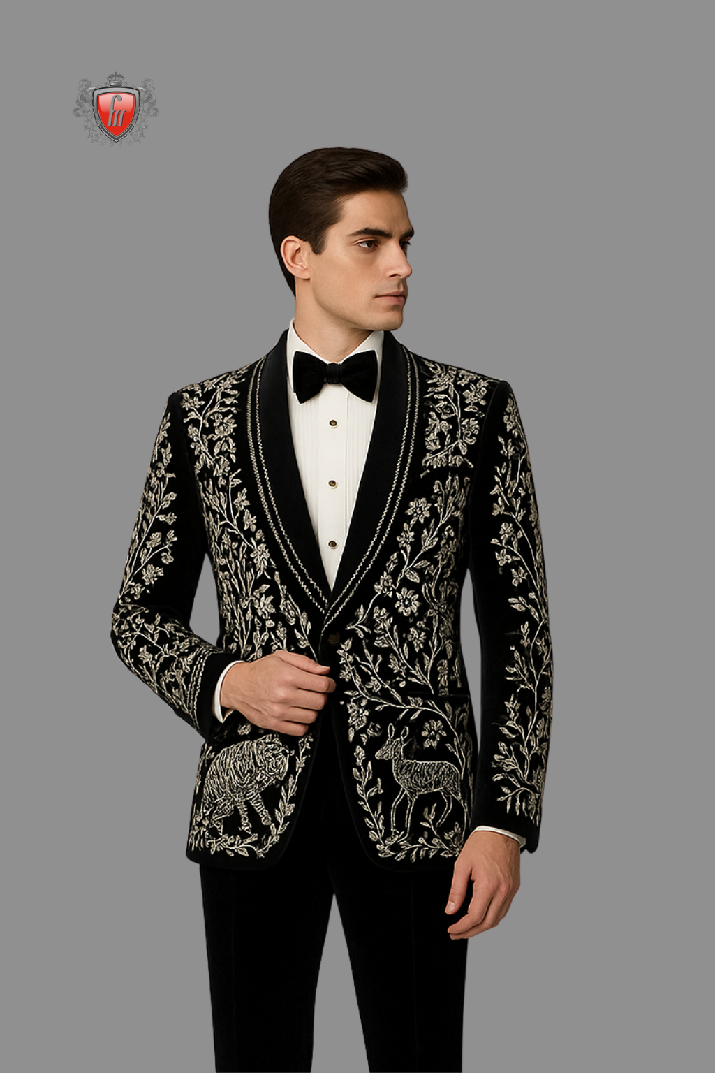 Men’s Black Wildlife Embroidered Tuxedo with Satin Lapel – Luxury Formal Wear with Animal & Flora Motif