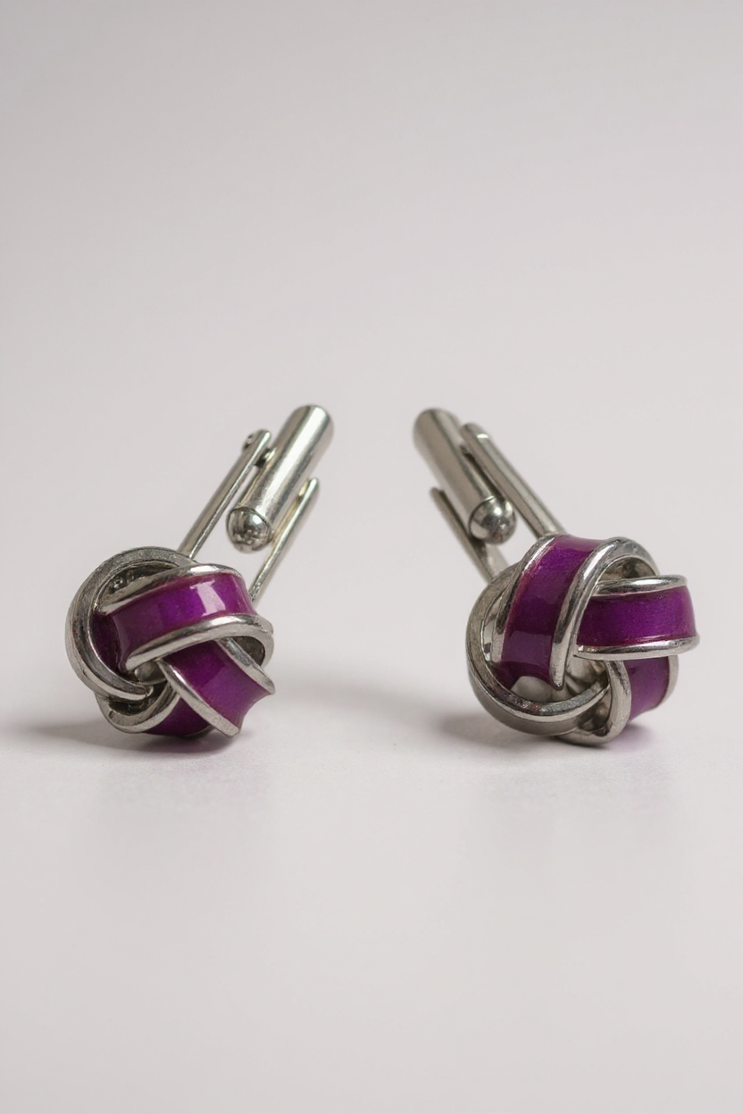Silver Knot Cufflinks with Purple Enamel Accent