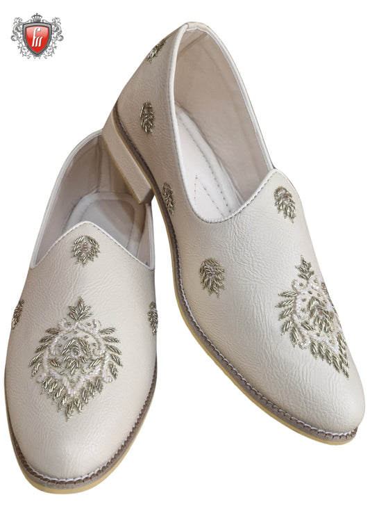 Men’s Cream Micro-Leather Heel Jutti – Kardana & Dabka Embroidery