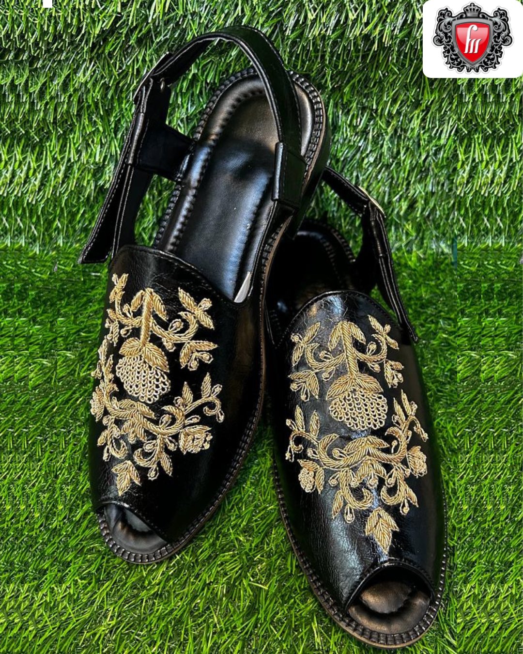Men’s Black Micro-Leather Sandals with Hand Embroidery – Premium