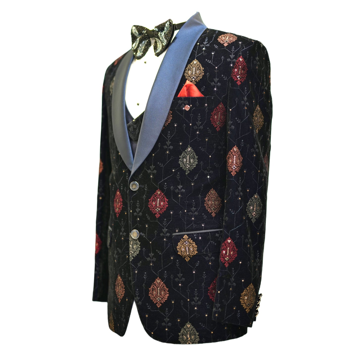 Blazer luxueux en velours bleu marine brodé pour homme avec revers en satin