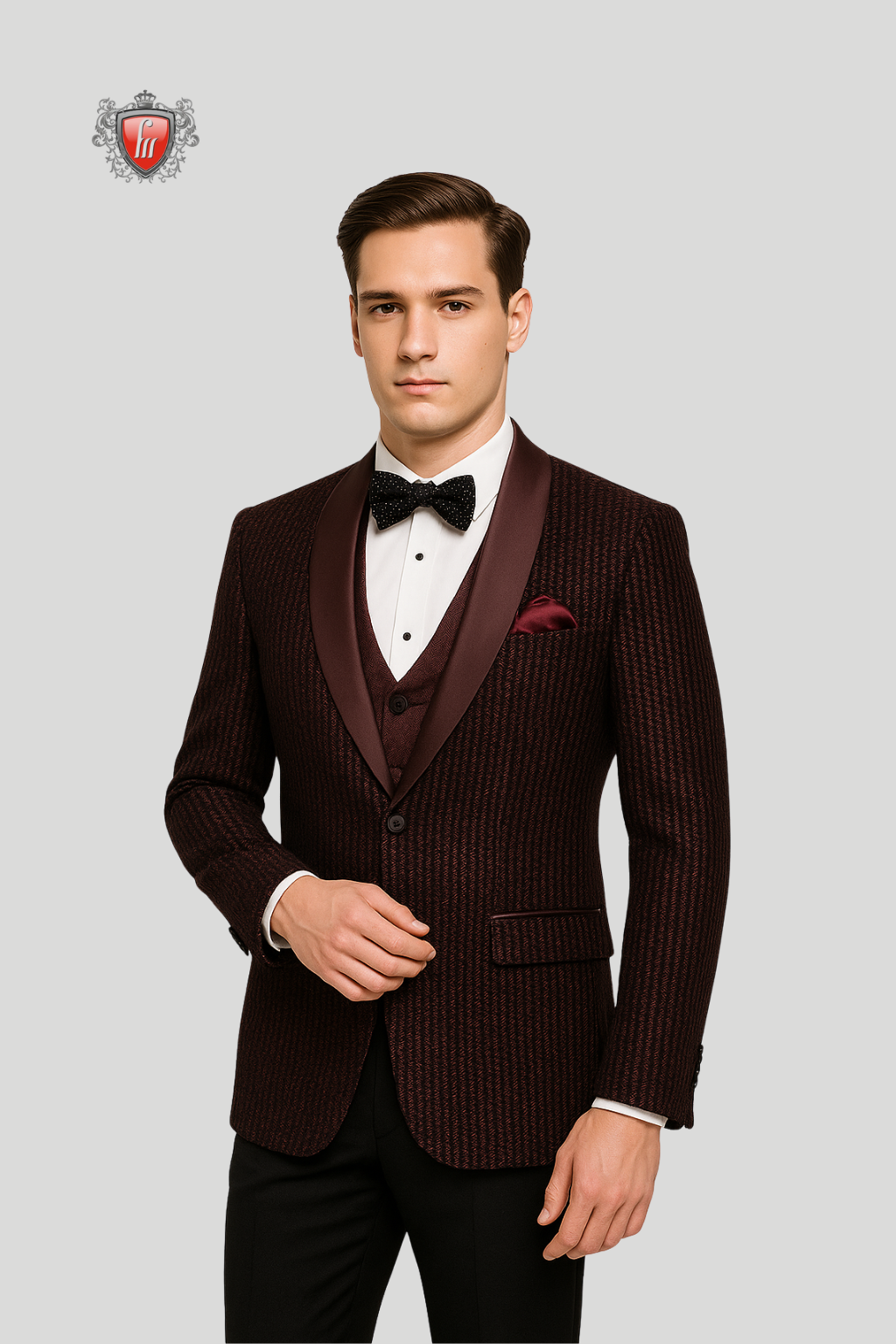 Men’s Maroon Textured Suit with Satin Lapels – Elegant Formal Jacket